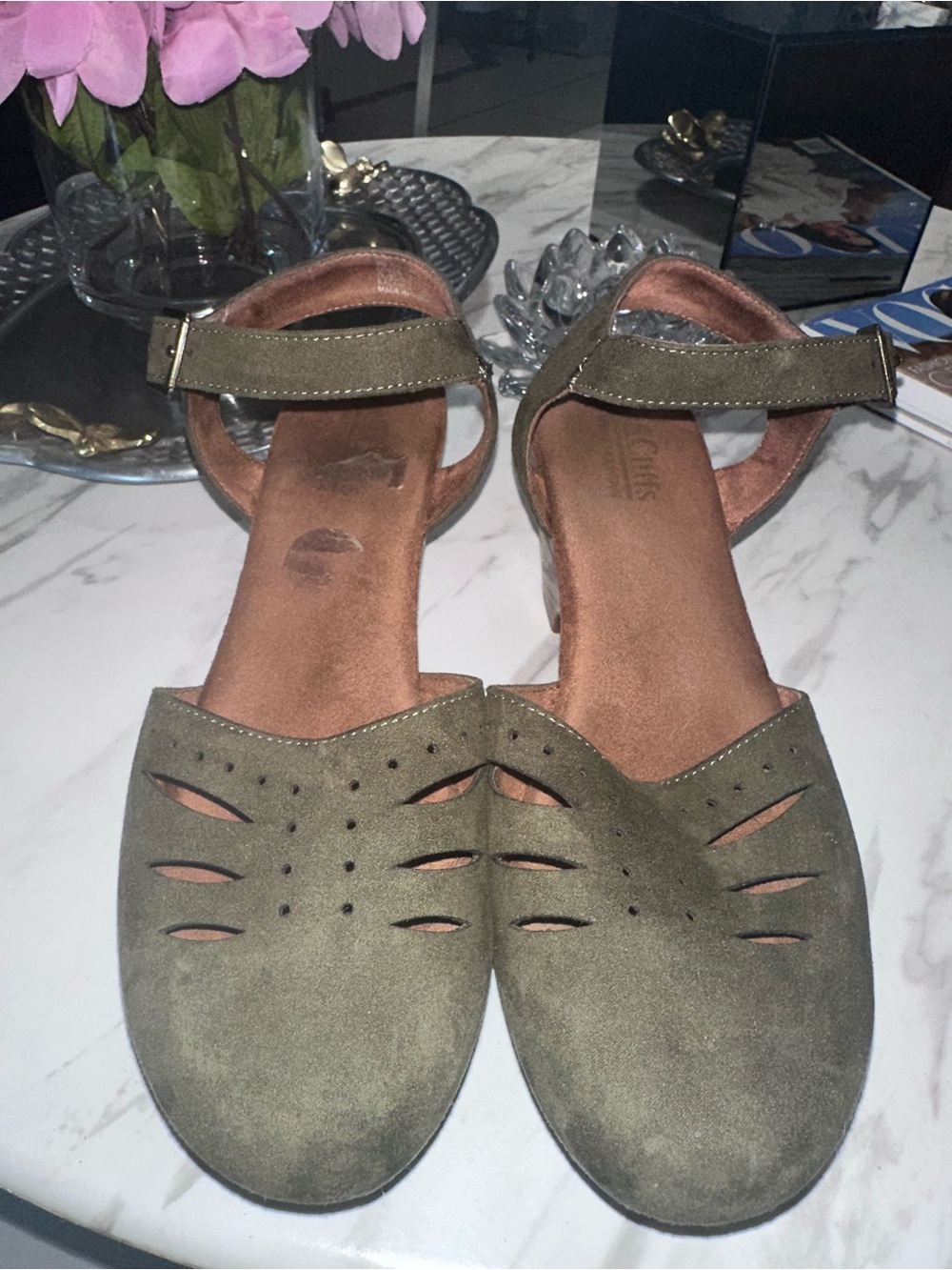 Cliffs by WHITE MOUNTAIN Olive Green Suede Ankle-Strap Mules